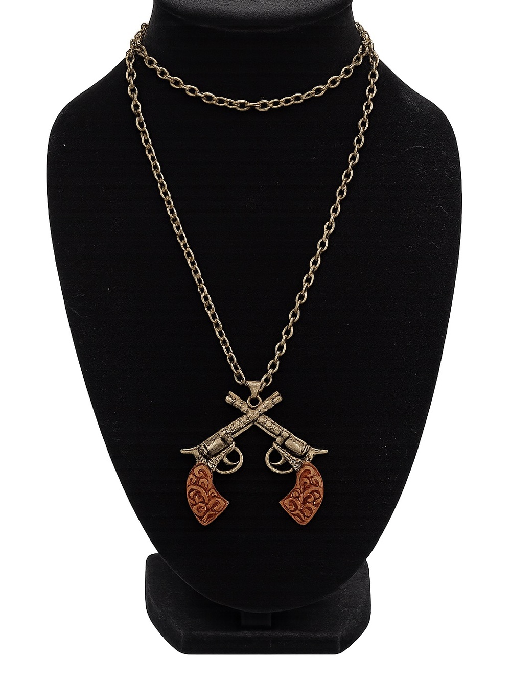 Antique Gold-Tone Crossed Revolver Pendant Necklace with Brown Grip Accents.